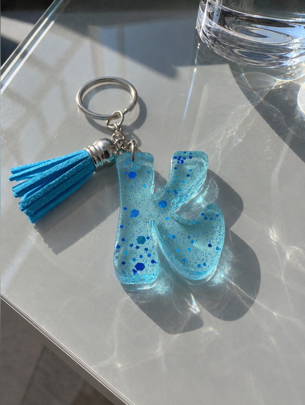Handmade Blue Glitter Resin Initial K Keychain with Tassel